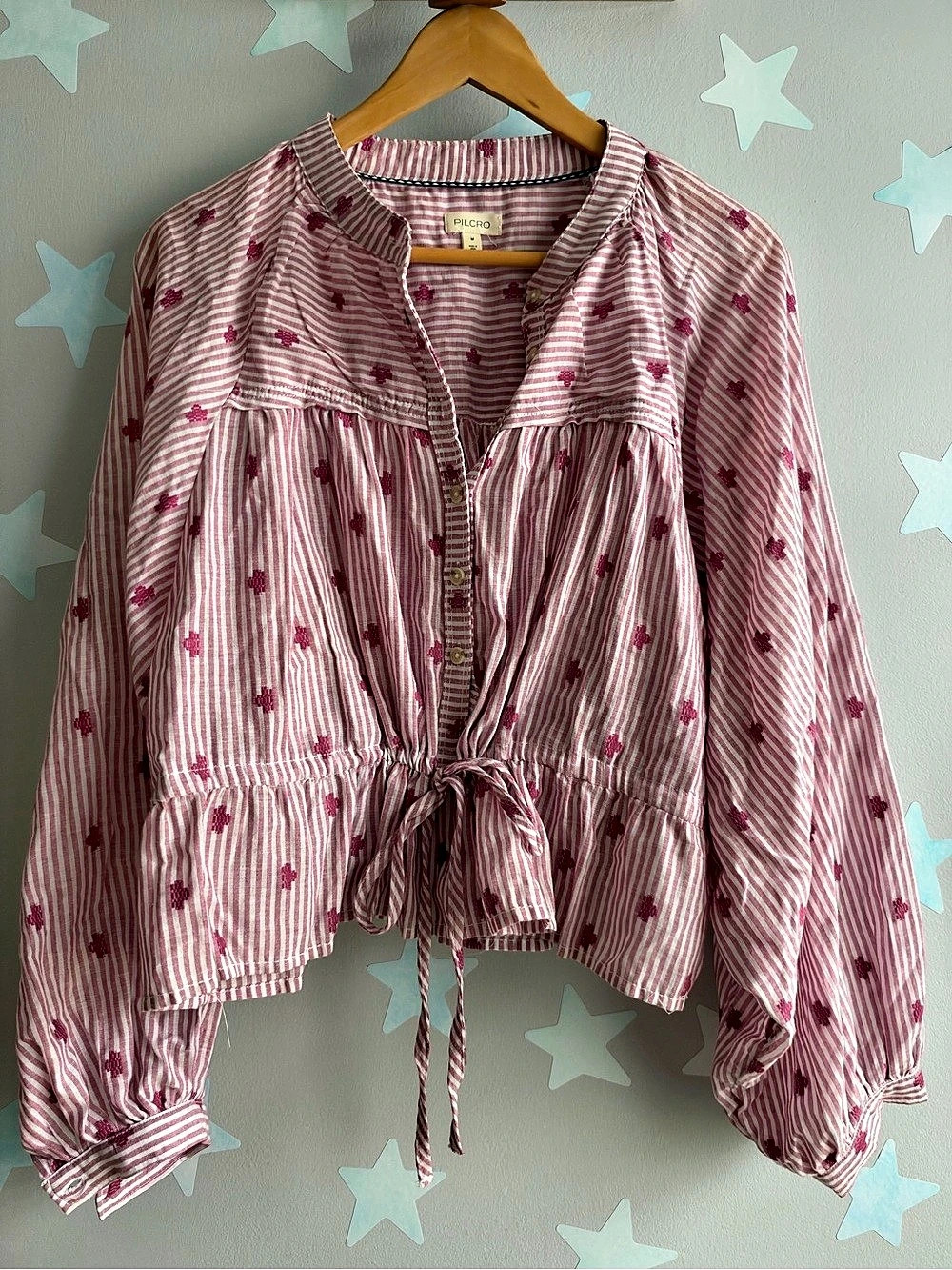 PILCRO Striped Tie-Front Blouse in Pink & White Size Medium Like